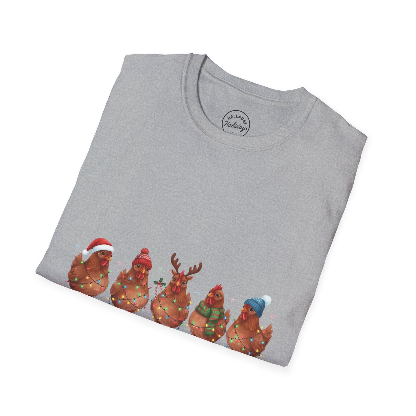 Funny Merry Cluckmas Unisex Softstyle T-Shirt, Chicken Lover Gift, Holiday Humor Tee, Farm Animal Shirt, Christmas Party Top