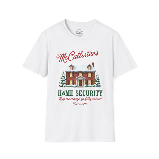 Funny McCallisters Security Christmas Unisex Softstyle T-Shirt, Holiday Humor Tee, Festive Xmas Top, Home Alone Movie Shirt, Family Gift