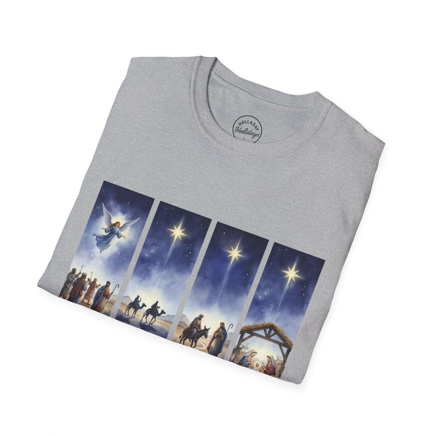 Nativity Scene Graphic Tee | Unisex Softstyle T-Shirt for Holidays, Christmas, Gospel, Faith, Religious Gift