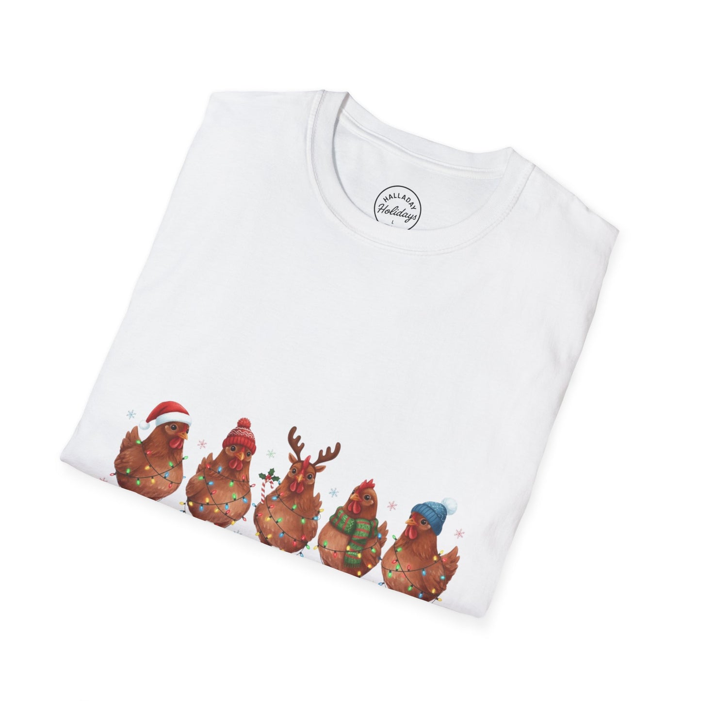 Funny Merry Cluckmas Unisex Softstyle T-Shirt, Chicken Lover Gift, Holiday Humor Tee, Farm Animal Shirt, Christmas Party Top