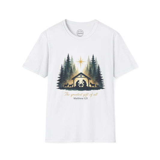 Cozy Christmas T-Shirt, Unisex Holiday Tee, Gift for Her, Gift for Him, Religious Shirt, Matthew 1:21 Design