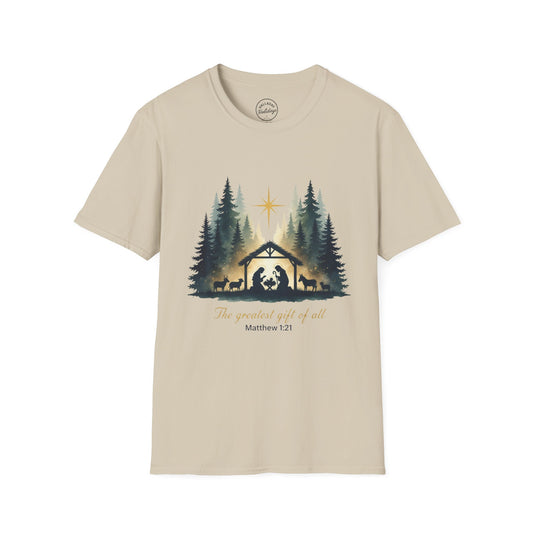 Cozy Christmas T-Shirt, Unisex Holiday Tee, Gift for Her, Gift for Him, Religious Shirt, Matthew 1:21 Design