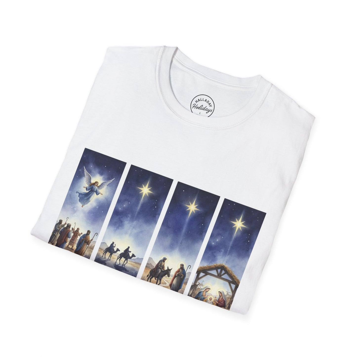Nativity Scene Graphic Tee | Unisex Softstyle T-Shirt for Holidays, Christmas, Gospel, Faith, Religious Gift