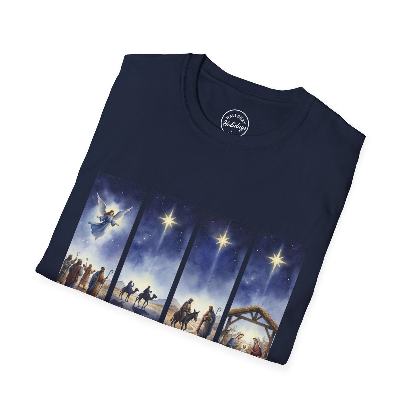 Nativity Scene Graphic Tee | Unisex Softstyle T-Shirt for Holidays, Christmas, Gospel, Faith, Religious Gift