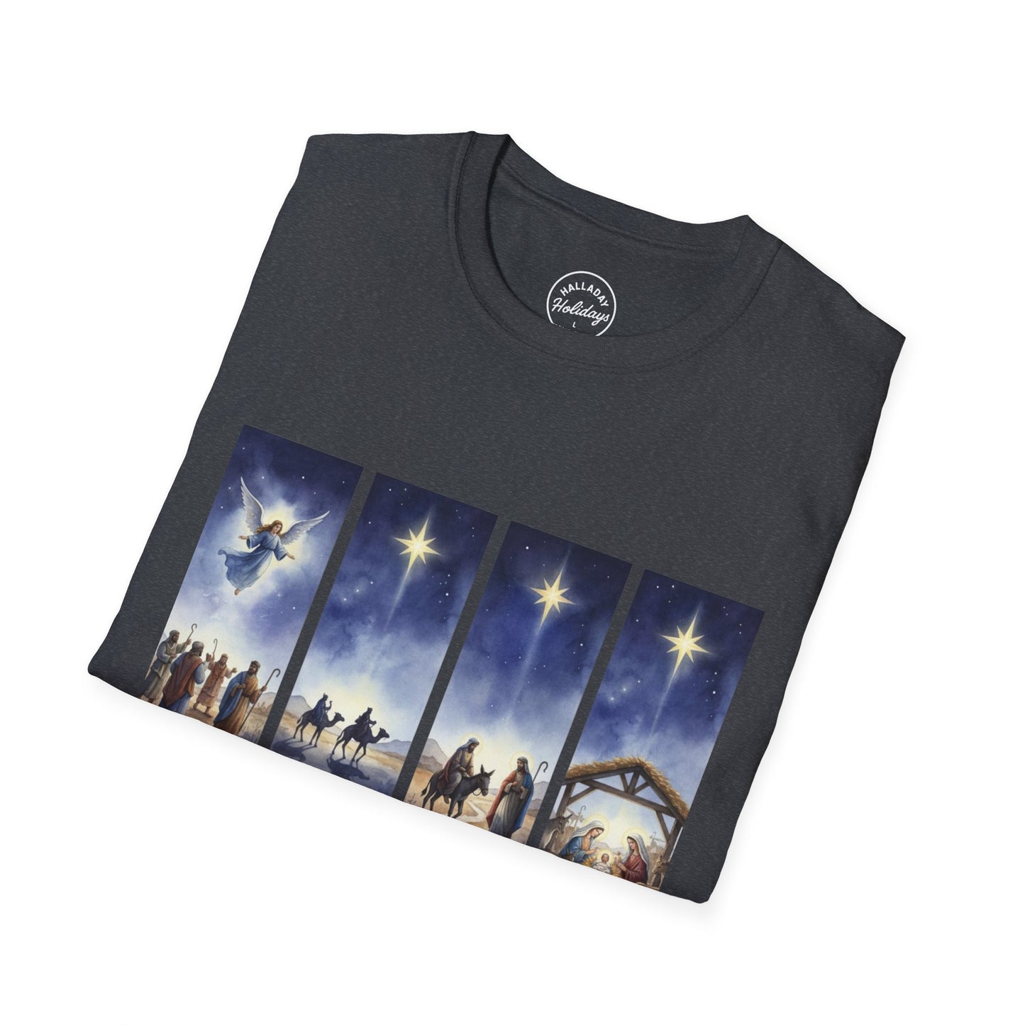 Nativity Scene Graphic Tee | Unisex Softstyle T-Shirt for Holidays, Christmas, Gospel, Faith, Religious Gift
