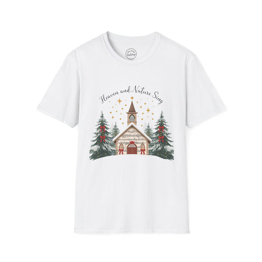 Winter Church Graphic T-Shirt, Cozy Holiday Tee, Christmas Attire, Gift for Her, Comfortable Casual Wear, Seasonal Celebration Shirt