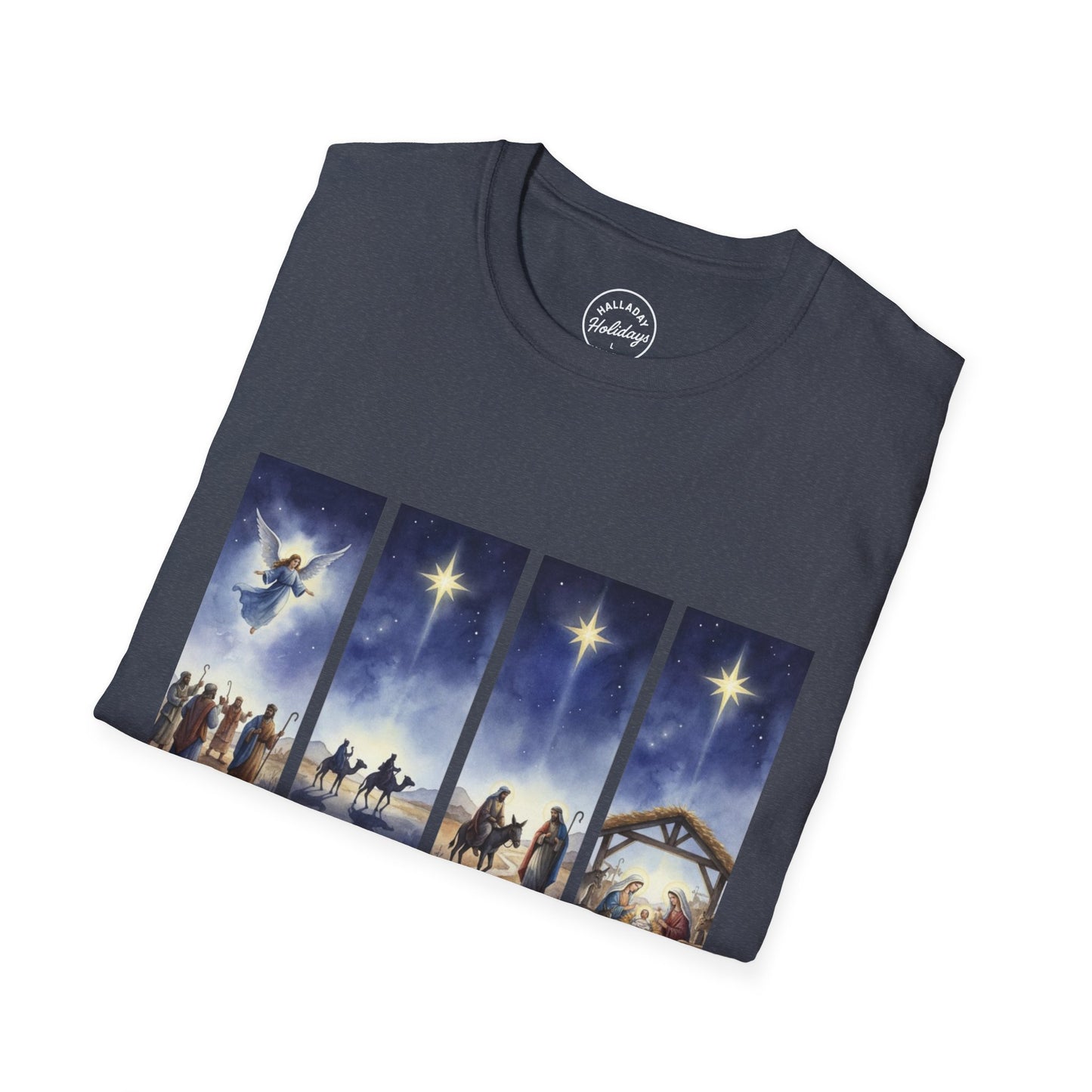 Nativity Scene Graphic Tee | Unisex Softstyle T-Shirt for Holidays, Christmas, Gospel, Faith, Religious Gift