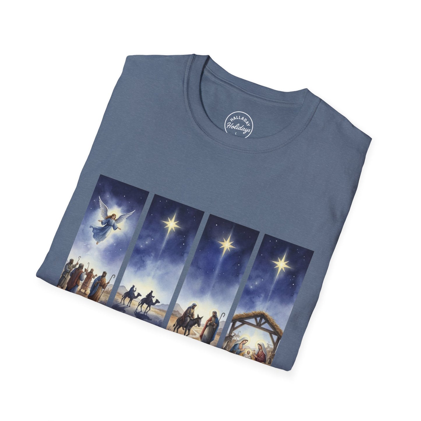 Nativity Scene Graphic Tee | Unisex Softstyle T-Shirt for Holidays, Christmas, Gospel, Faith, Religious Gift