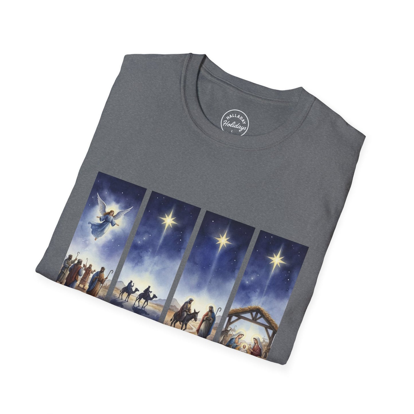Nativity Scene Graphic Tee | Unisex Softstyle T-Shirt for Holidays, Christmas, Gospel, Faith, Religious Gift
