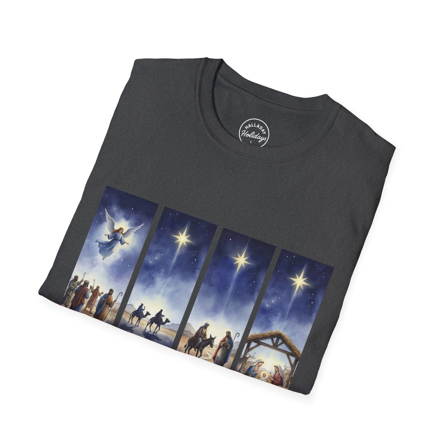 Nativity Scene Graphic Tee | Unisex Softstyle T-Shirt for Holidays, Christmas, Gospel, Faith, Religious Gift