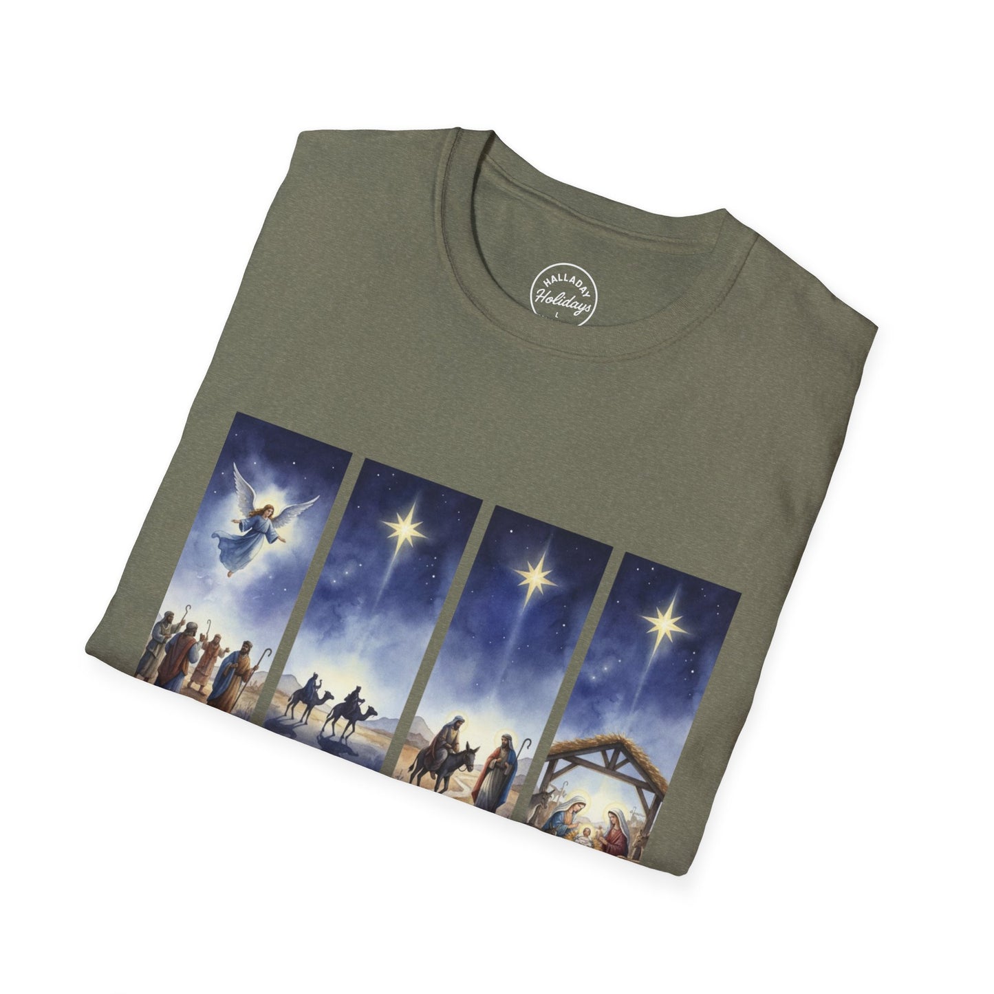 Nativity Scene Graphic Tee | Unisex Softstyle T-Shirt for Holidays, Christmas, Gospel, Faith, Religious Gift
