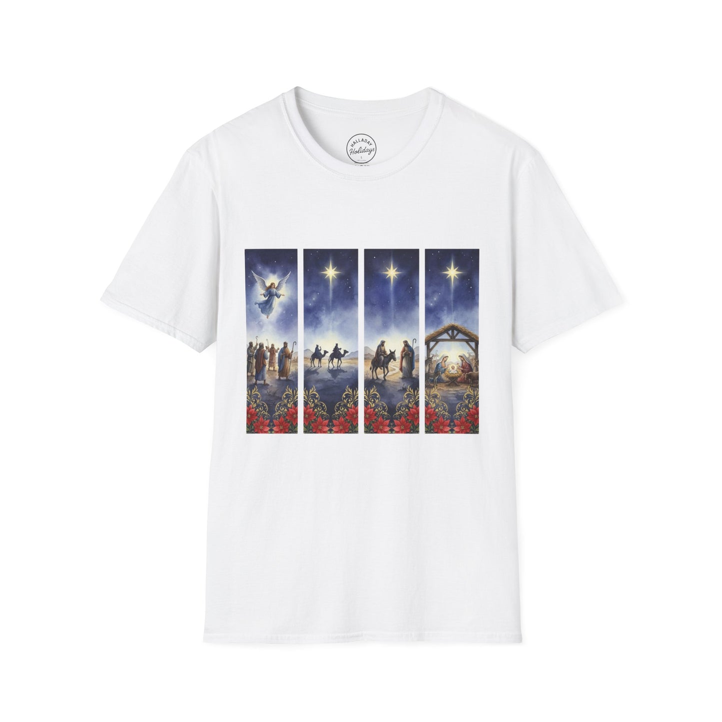 Nativity Scene Graphic Tee | Unisex Softstyle T-Shirt for Holidays, Christmas, Gospel, Faith, Religious Gift