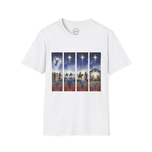 Nativity Scene Graphic Tee | Unisex Softstyle T-Shirt for Holidays, Christmas, Gospel, Faith, Religious Gift