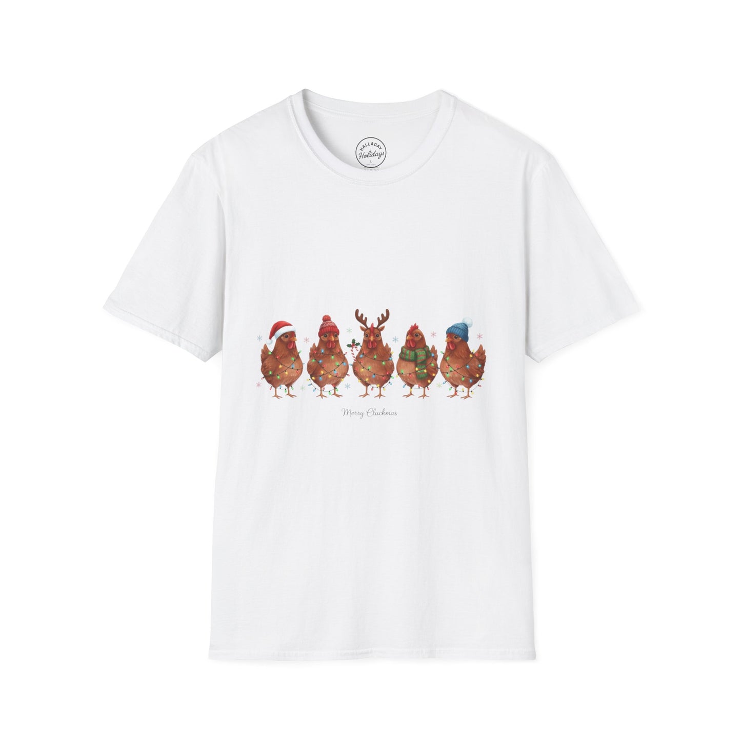 Funny Merry Cluckmas Unisex Softstyle T-Shirt, Chicken Lover Gift, Holiday Humor Tee, Farm Animal Shirt, Christmas Party Top