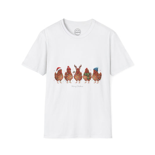 Funny Merry Cluckmas Unisex Softstyle T-Shirt, Chicken Lover Gift, Holiday Humor Tee, Farm Animal Shirt, Christmas Party Top